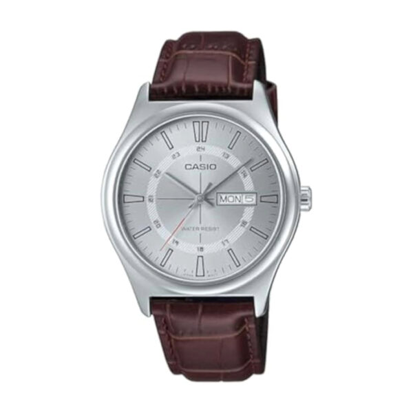 Casio MTP-V006L-7C Herren-Armbanduhr, Lederarmband, 24 Stunden, silberfarbenes Zifferblatt, Tag und Datum, 3-Zeiger, analoge Armbanduhr, silber, Casual MTP-V006L-7CUDF