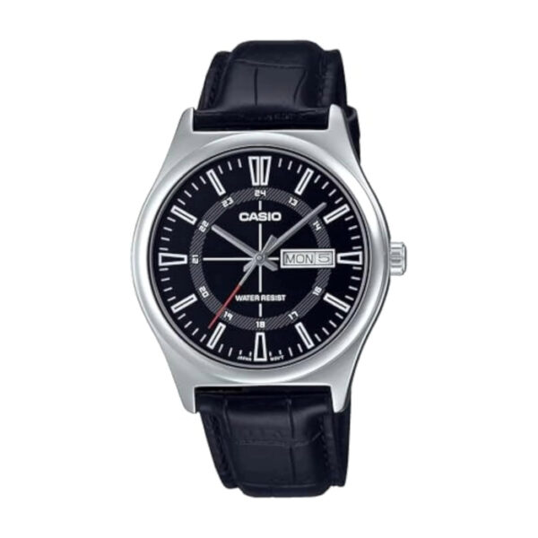 Casio MTP-V006L-1C Herren-Armbanduhr Lederarmband 24 Stunden schwarzes Zifferblatt Tag und Datum 3-Zeiger Analoguhr Schwarz Casual MTP-V006L-1CUDF