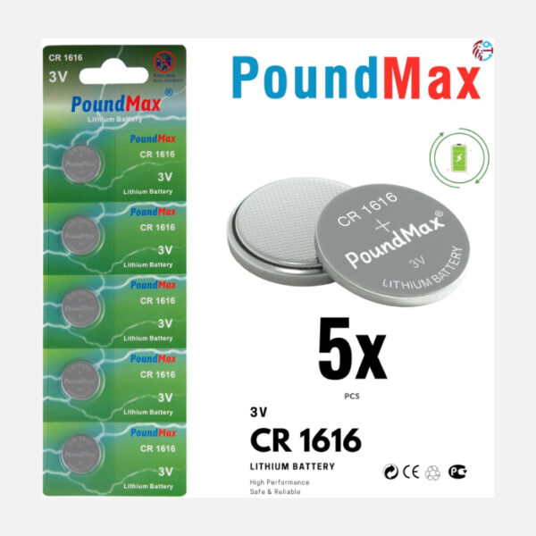 PoundMax Lithium-Knopfzellen-Batterien, CR1616, DL1616, 3 V, 5 Stück