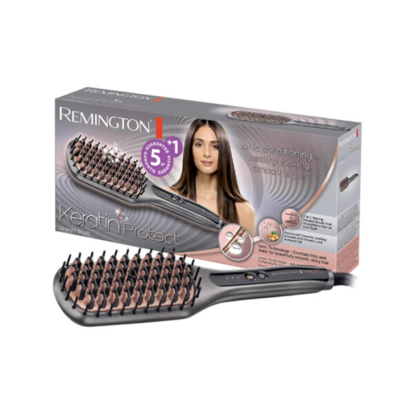 Remington Straightening Brush Keratin Protect (Soft Shiny Hair, Straightening, Enriched with Keratin and Almond Oil, Volume Retaining, Hair Brush and Straightener in 1) CB7480