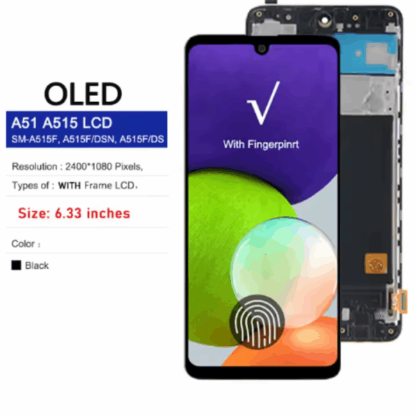 SUNIX OLED Display 6.33 Zoll für Samsung A51 A515F mit Rahmen und Fingerprint-Unterstützung