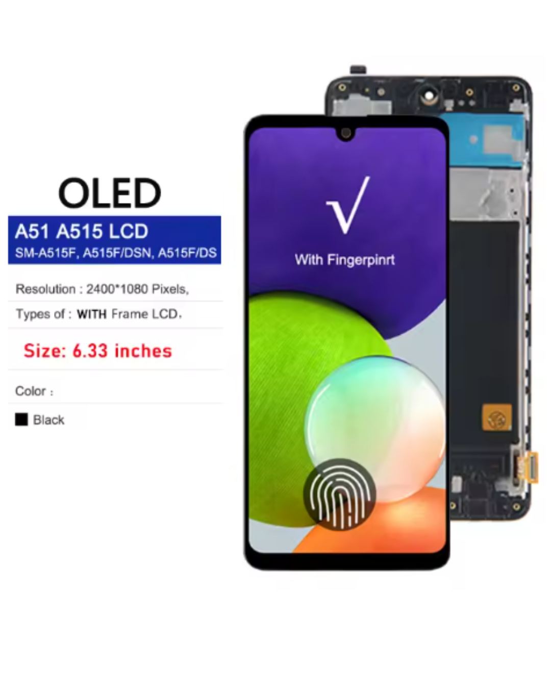 SUNIX OLED Ersatzdisplay 6.33" für Samsung Galaxy A51 A515F – Schwarz SUNIX OLED Display 6.33 Zoll für Samsung A51 A515F mit Rahmen und Fingerprint-Unterstützung