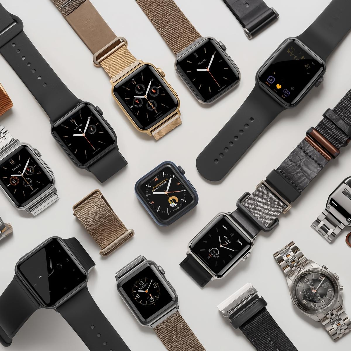 Auswahl an Smartwatches und Armbanduhren mit verschiedenen Armbändern auf hellem Hintergrund