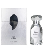 Arabiyat Prestige Marwa Eau de Parfum 100 ml im facettierten Silberflakon neben der luxuriösen Box