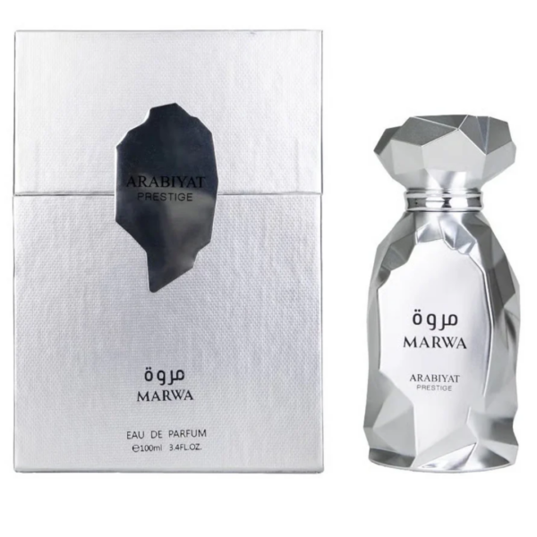Arabiyat Prestige Marwa Eau de Parfum 100 ml im facettierten Silberflakon neben der luxuriösen Box