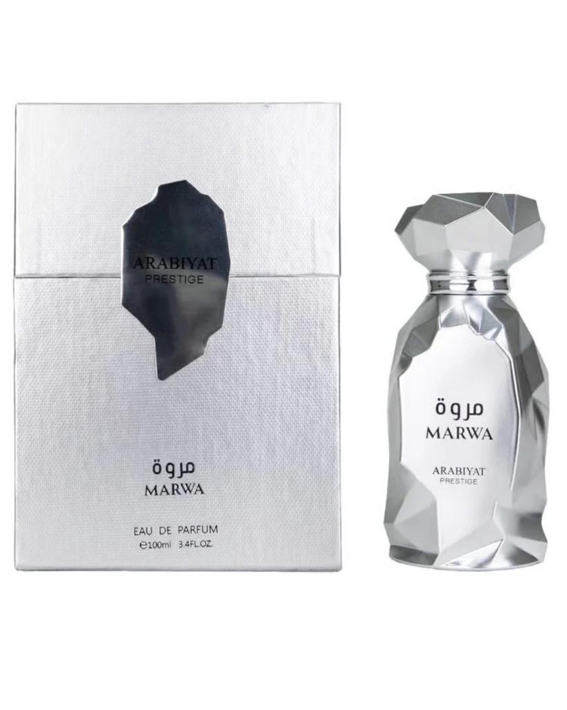 Arabiyat Prestige Marwa Eau de Parfum 100 ml im facettierten Silberflakon neben der luxuriösen Box