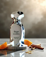 Arabiyat Prestige Marwa Duftflakon auf dunkler Steinplatte mit Blüte und Licht im Hintergrund