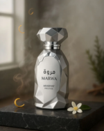 Arabiyat Prestige Marwa Parfumflakon umgeben von Kräutern, Blüten und Hölzern mit Rauch