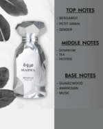 Arabiyat Prestige Marwa Silberflakon auf Podest, davor Orangenspalten und Zimtstangen auf grauer Steinfläche