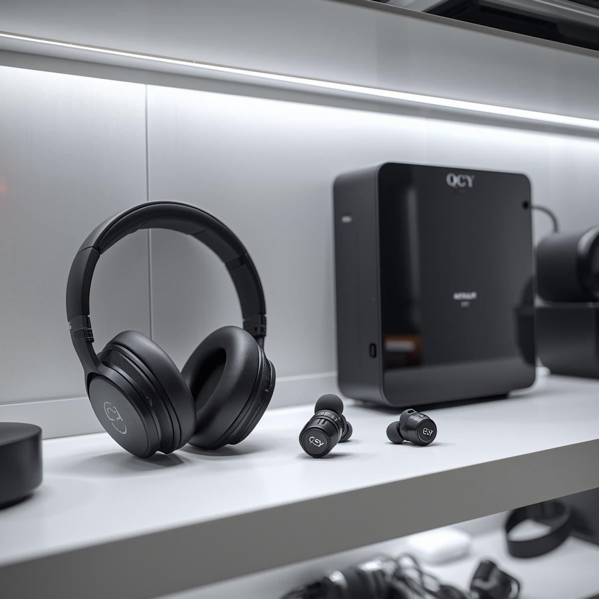 Schwarzer Over-Ear-Kopfhörer und In-Ear-Ohrhörer auf Regal, im Hintergrund ein Audio-Gerät