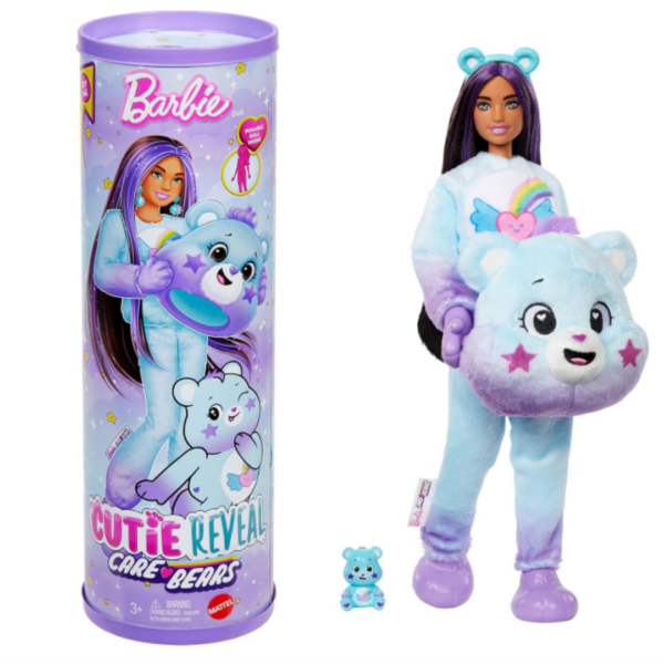 Barbie Cutie Reveal Dream Bright Bär Puppe mit lila-blauem Plüschkostüm und Runddose
