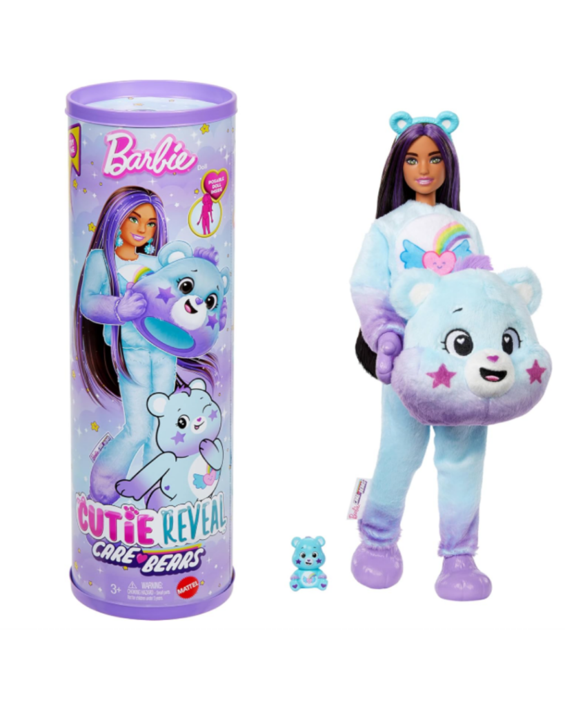 Barbie Cutie Reveal Dream Bright Bär Puppe mit lila-blauem Plüschkostüm und Runddose