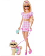 Barbie Twinning Looks Puppe mit Hund und Leine im rosa Gingham-Partnerlook