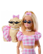 Nahaufnahme von Barbie Twinning Looks Puppe und Hund mit schwarzen Sonnenbrillen