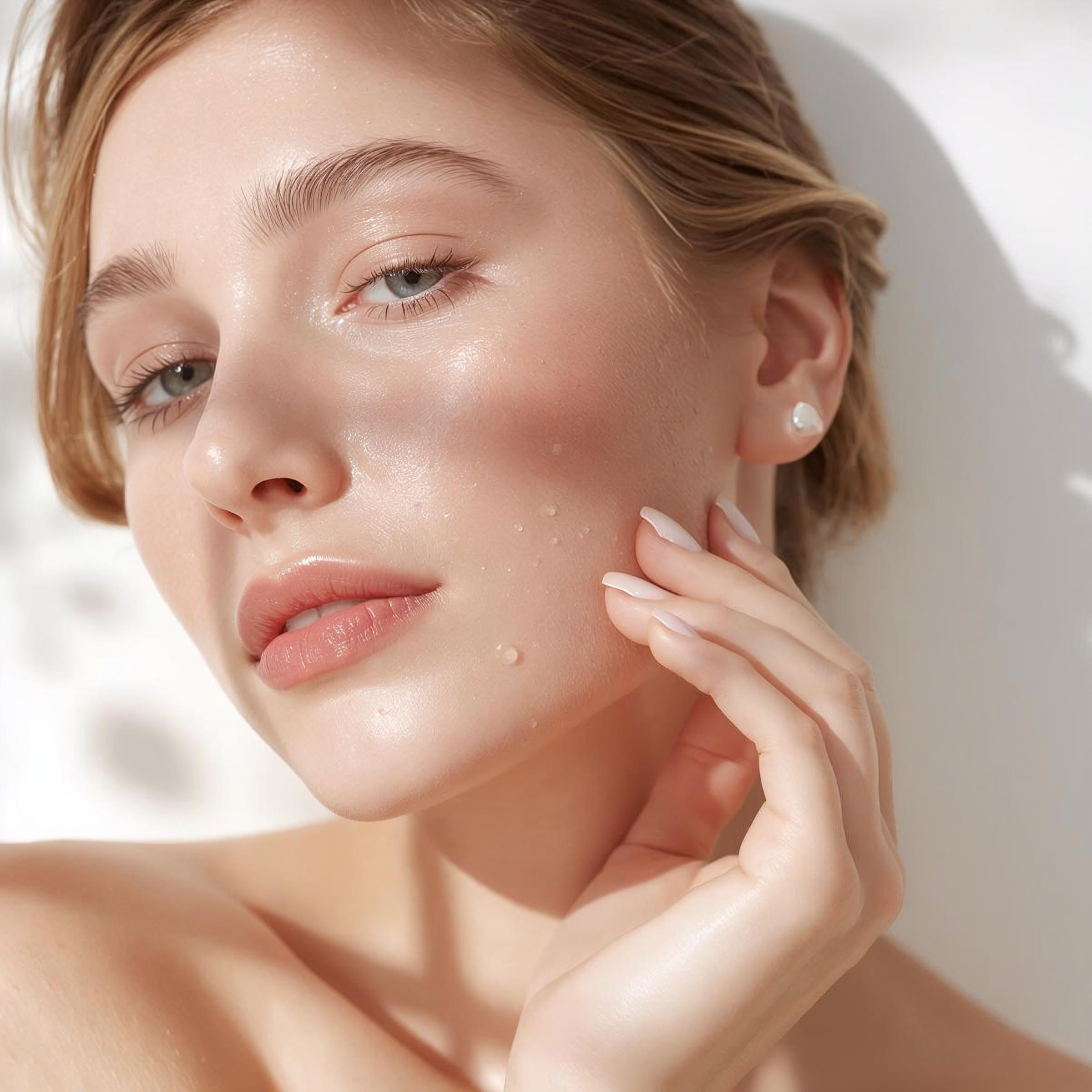 Minimalistische Gesichtspflege-Produkte wie Pumpflasche, Serum-Dropper und Creme-Tiegel in hellem Studio-Setup