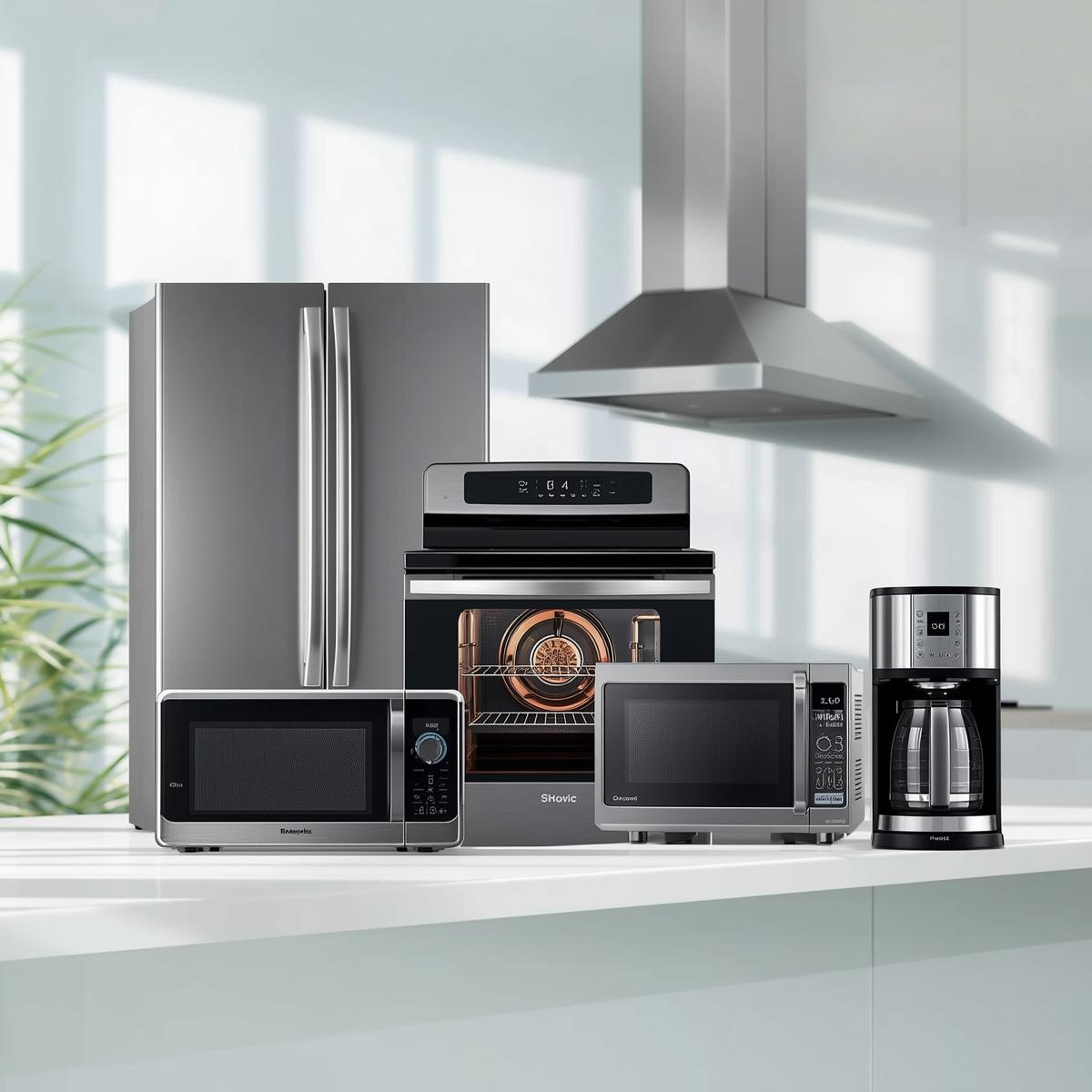 Küchenszene mit Kühlschrank, Backofen, Mikrowellen und Kaffeemaschine auf heller Arbeitsfläche