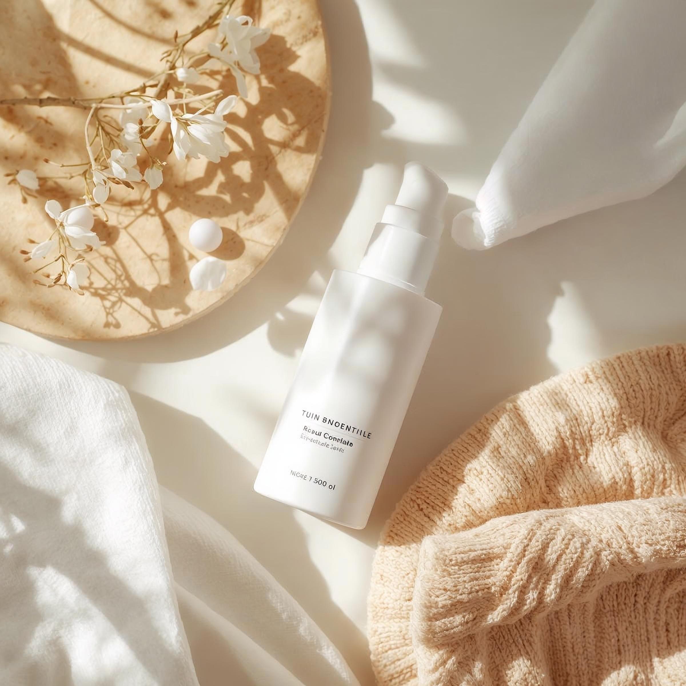 Minimalistische Körperpflege-Produkte wie Lotion-Tube, Pumpflasche und Creme-Tiegel in warmem Studio-Setup ohne Marken