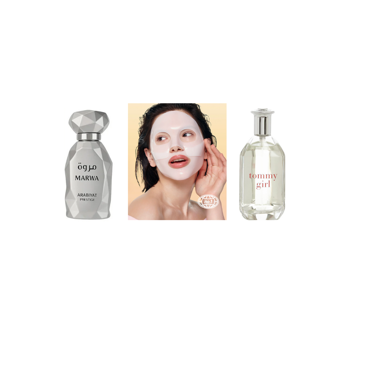 Kosmetik-Collage mit Parfumflakons und Gesichtspflege-Maske