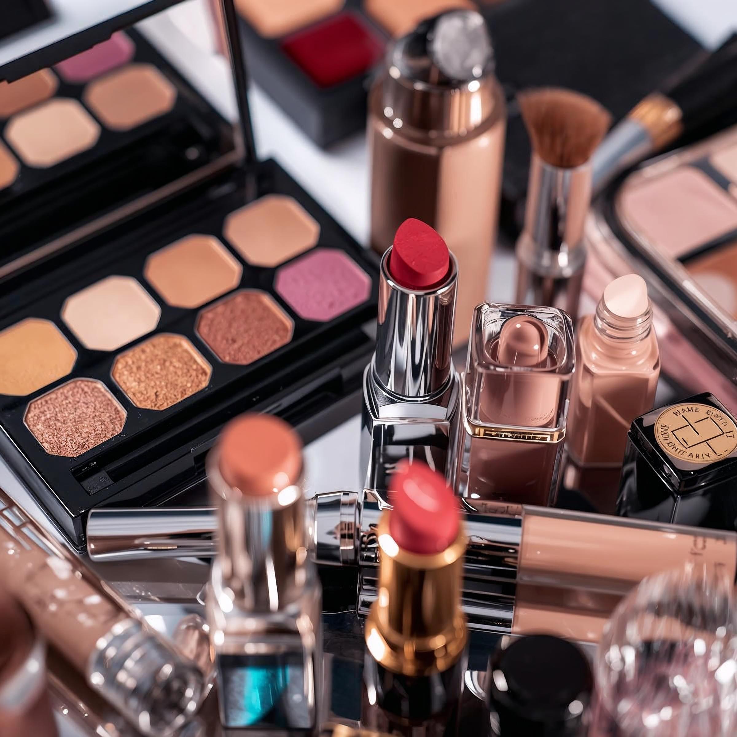 Make-up-Produkte wie Lidschattenpalette, Lippenstift, Pinsel und Foundation in neutralem Studio-Setup