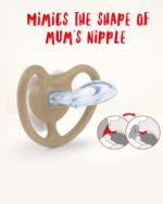 Seitliche Ansicht des NUK Space Schnullers mit Saugerform wie die Brustwarze der Mutter