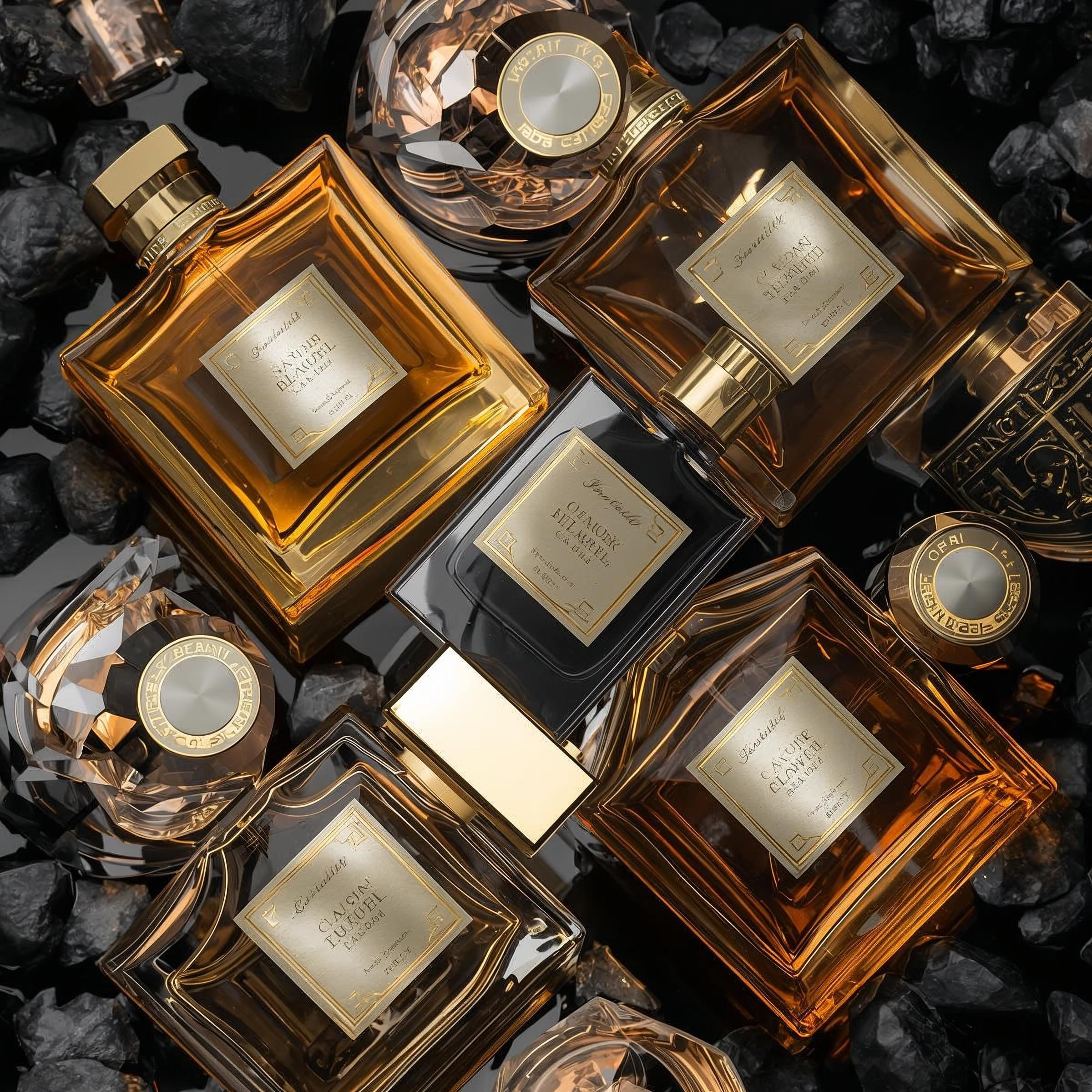 Ungebrandete Parfümflakons in Amber-Tönen auf dunklem, steinartigem Hintergrund