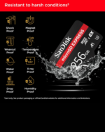 SanDisk microSD Express 256GB Speicherkarte neben einem Holzstift auf technischen Zeichnungen.