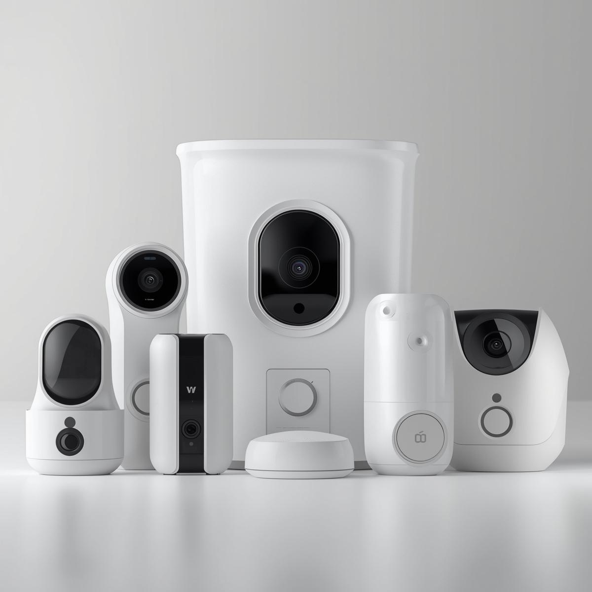 Mehrere Smart-Home-Sicherheitsgeräte und Kameras in Weiß auf neutralem Hintergrund