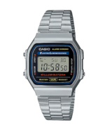 Casio A168WA-1YES Retro Digitaluhr mit Edelstahlarmband in der Frontansicht