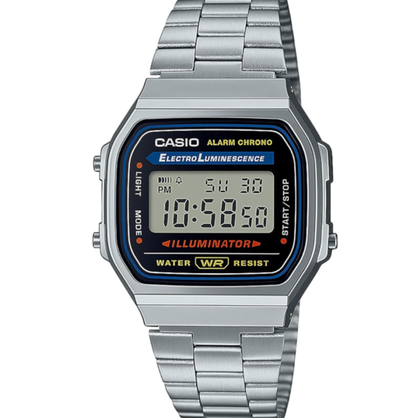 Casio A168WA-1YES Retro Digitaluhr mit Edelstahlarmband in der Frontansicht