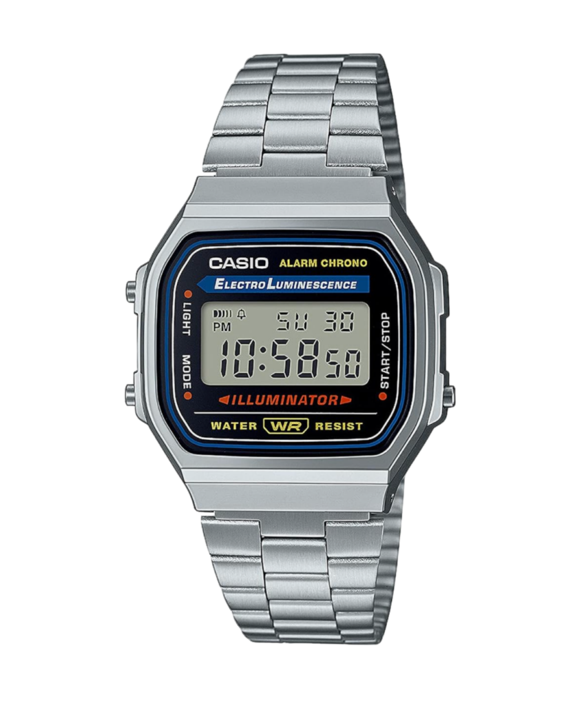Casio A168WA-1YES Retro Digitaluhr mit Edelstahlarmband in der Frontansicht