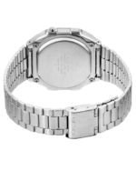 Seitenansicht der Casio A168WA-1YES Digitaluhr mit flachem Gehäuse und Metallband