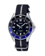 Casio MDV-10C-1A2VEF sportliche Taucher-Style Quarzuhr mit schwarzem Zifferblatt, blauer Lünette und schwarzem Textilarmband