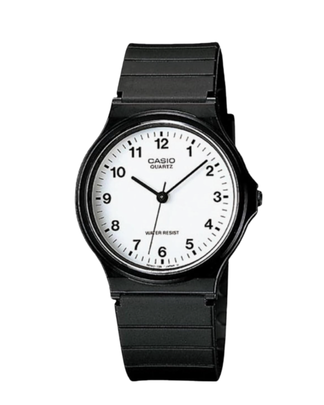 Casio MQ-24-7BLLEG Analoguhr – Frontansicht Casio MQ-24-7BLLEG Analoguhr mit weißem Zifferblatt und schwarzem Resinarmband
