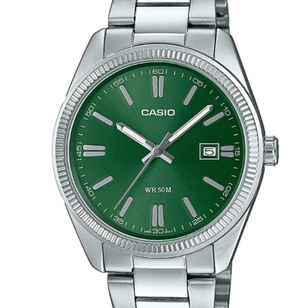 Casio MTP-1302PD-3AVEF Armbanduhr mit grünem Zifferblatt und silbernem Edelstahlarmband vorne