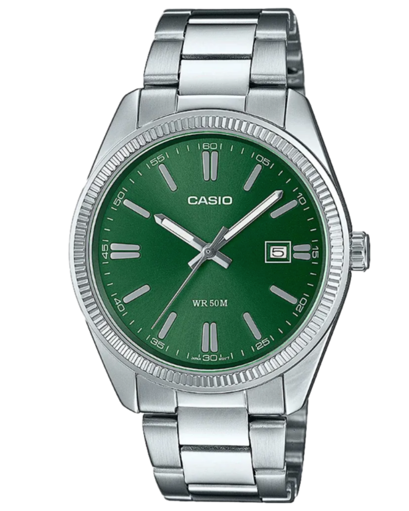 Casio MTP-1302PD-3AVEF Armbanduhr mit grünem Zifferblatt und silbernem Edelstahlarmband vorne
