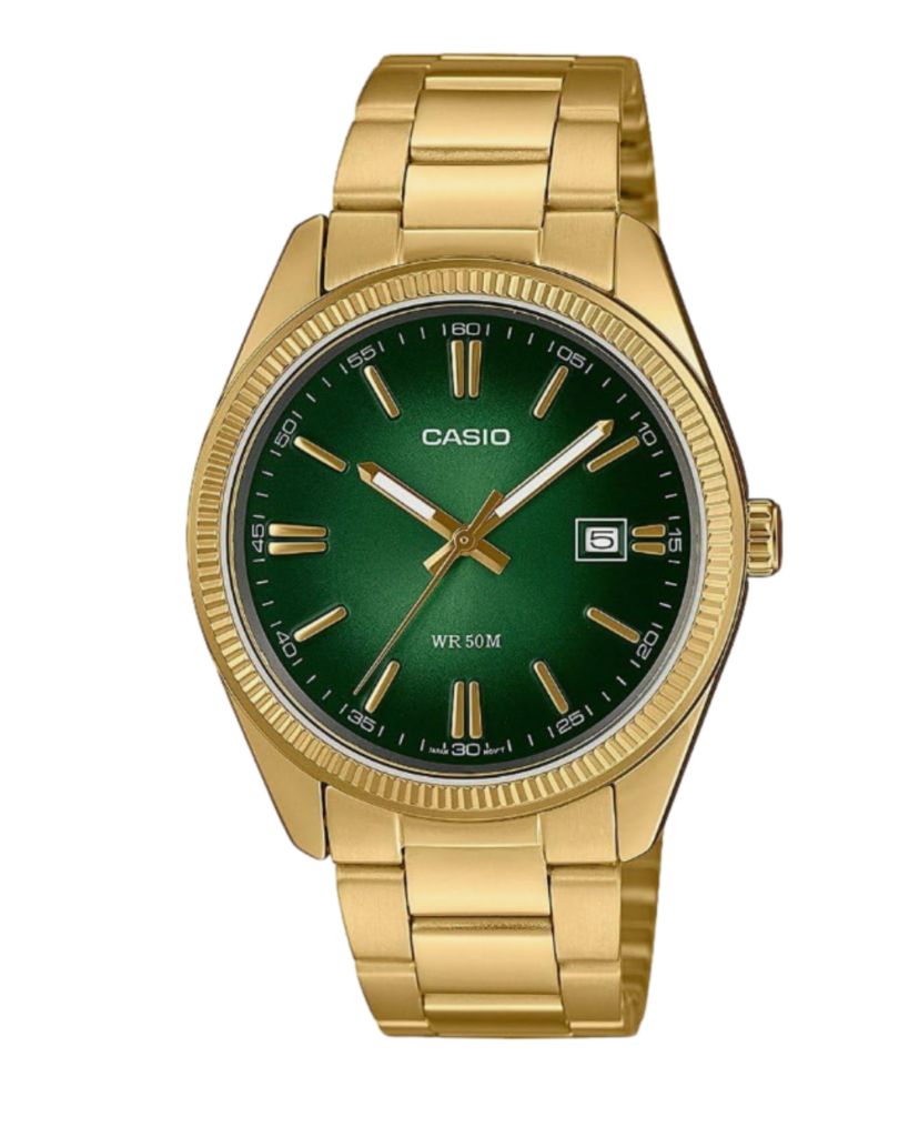 Casio MTP-1302PGC-3AVEF goldene Herrenuhr mit grünem Zifferblatt in der Frontansicht