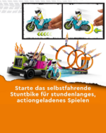 Detailaufnahme des LEGO City Stunttruck Trailers mit verstellbaren Feuerreifen